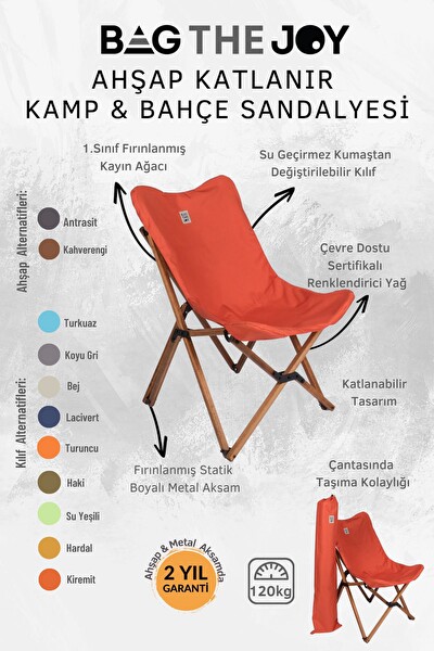 Bag The Joy Kahverengi Kiremit Kılıf Sandalye ve 60x60x55 CM Kahverengi Ahşap Katlanır Masa Seti