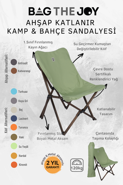Bag The Joy Antrasit İskelet Su Yeşili Koyu Kılıf ve 70x70x55 CM Antrasit Masa Ahşap Katlanır Masa Sandalye Seti