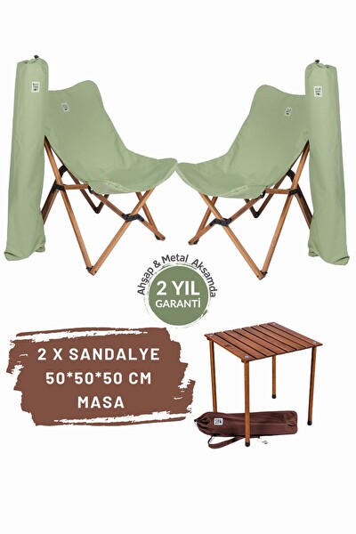 Bag The Joy Kahverengi Su Yeşili Kılıf Sandalye ve 50x50x50 CM Kahverengi Ahşap Katlanır Masa Seti