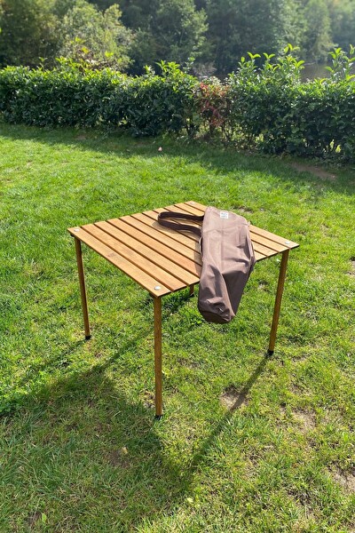 Bag The Joy Kahverengi İskelet Su Yeşili Kılıf ve 60x60x55 CM Kahverengi Masa Ahşap Katlanır Masa Sandalye Seti