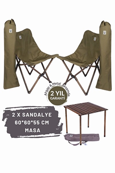 Bag The Joy Antrasit Haki Kılıf Sandalye ve 60x60x55 CM Antrasit Ahşap Katlanır Masa Seti