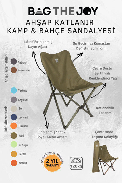 Bag The Joy Antrasit Haki Kılıf Sandalye ve 60x60x55 CM Antrasit Ahşap Katlanır Masa Seti