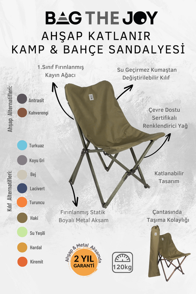 Bag The Joy Antrasit İskelet Haki Kılıf ve 70x70x55 CM Antrasit Masa Ahşap Katlanır Masa Sandalye Seti