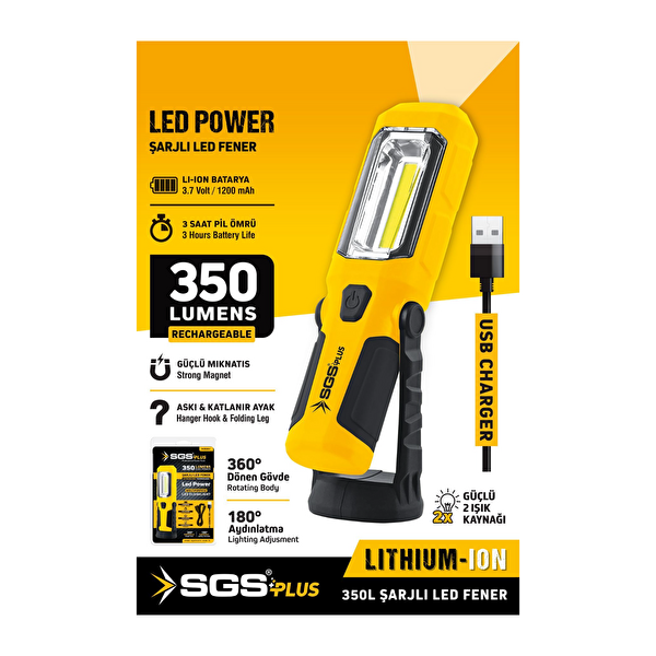 SGS SGS5054 Şarjlı El Feneri Led Ampul 350 Lümen 3.7 Volt Mıknatıslı El Feneri