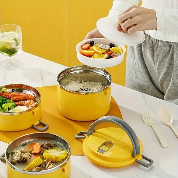 Valkyrie 4 Gözlü Paslanmaz Çelik Penguen Desenli Sarı Termal Bento Kutusu