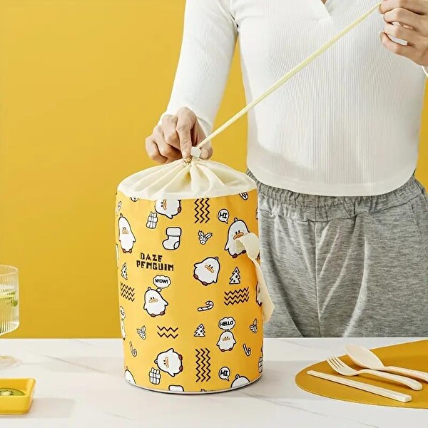 Valkyrie 4 Gözlü Paslanmaz Çelik Penguen Desenli Sarı Termal Bento Kutusu