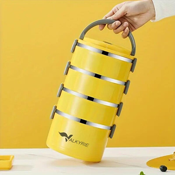 Valkyrie 4 Gözlü Paslanmaz Çelik Penguen Desenli Sarı Termal Bento Kutusu