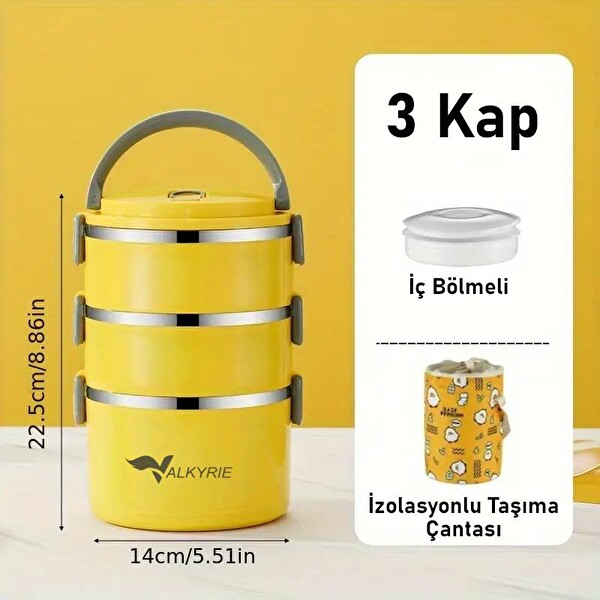 Valkyrie 3 Gözlü Paslanmaz Çelik Penguen Desenli Sarı Termal Bento Kutusu