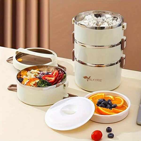 Valkyrie 3 Gözlü Paslanmaz Çelik Çantalı Geniş Kaplar Isı Yalıtımlı Yemek Kabı Seti