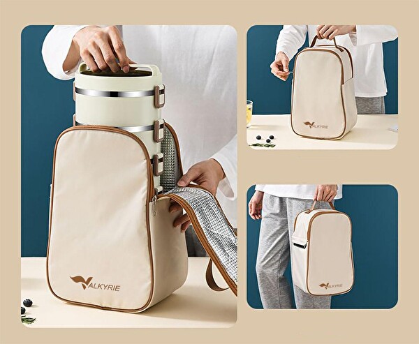 Valkyrie 3 Gözlü Paslanmaz Çelik Çantalı Geniş Kaplar Isı Yalıtımlı Yemek Kabı Seti