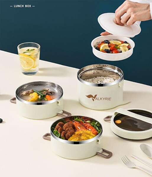 Valkyrie 3 Gözlü Paslanmaz Çelik Çantalı Geniş Kaplar Isı Yalıtımlı Yemek Kabı Seti