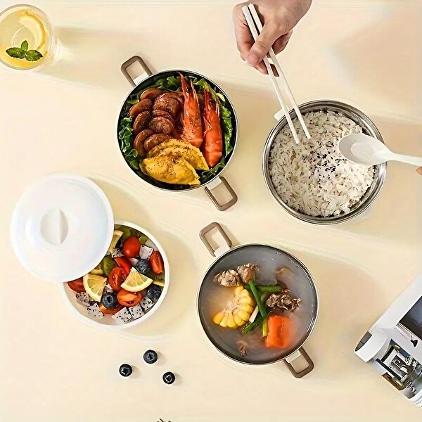 Valkyrie 3 Gözlü Paslanmaz Çelik Çantalı Geniş Kaplar Isı Yalıtımlı Yemek Kabı Seti