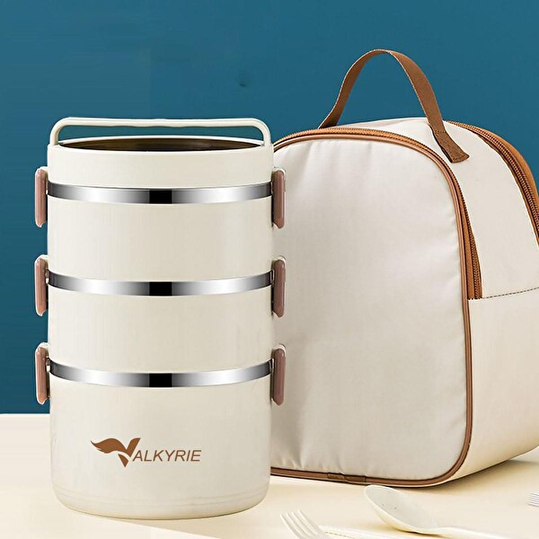 Valkyrie 3 Gözlü Paslanmaz Çelik Çantalı Geniş Kaplar Isı Yalıtımlı Yemek Kabı Seti
