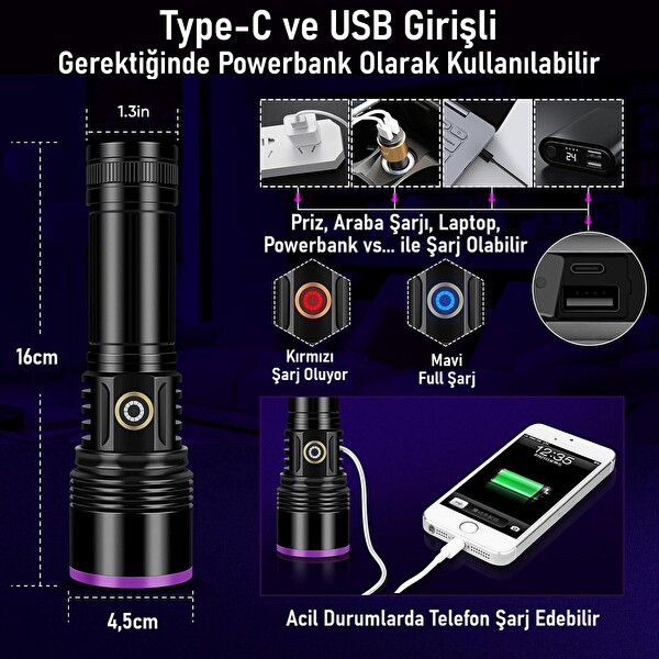 Valkyrie 365nm 20W Güç 3000 mAh Şarjlı Alüminyum Gövde Profesyonel Kullanım LED UV El Feneri