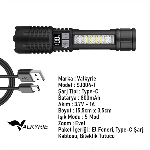 Valkyrie 5 Işık Modu Type-C Şarjlı Çakar Modlu Zoom Özellikli LED El Feneri