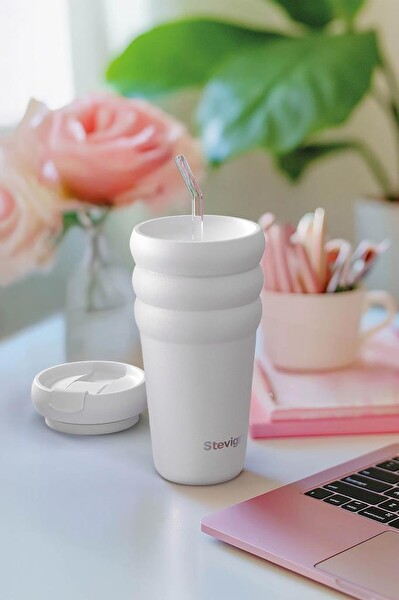 Stevig 3 Bubble Two-Cap Straw Tumbler 600 ML White Stone ST-249 Çelik Termos
