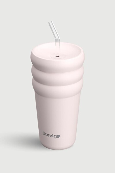 Stevig ST-248 3 Bubble Two-Cap Straw Tumbler 600 ML Soft Quartz Çelik Termos