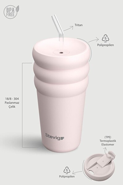 Stevig ST-248 3 Bubble Two-Cap Straw Tumbler 600 ML Soft Quartz Çelik Termos