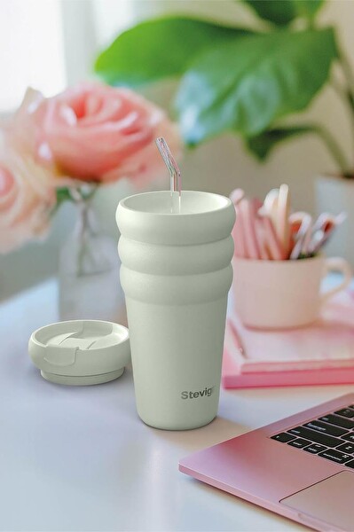 Stevig ST-247 3 Bubble Two-Cap Straw Tumbler 600 ML Lightest Sky Çelik Termos