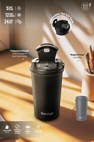 Stevig ST-251 4 Work Flip Open Coffee 400 ML Gri Mug Çelik Termos