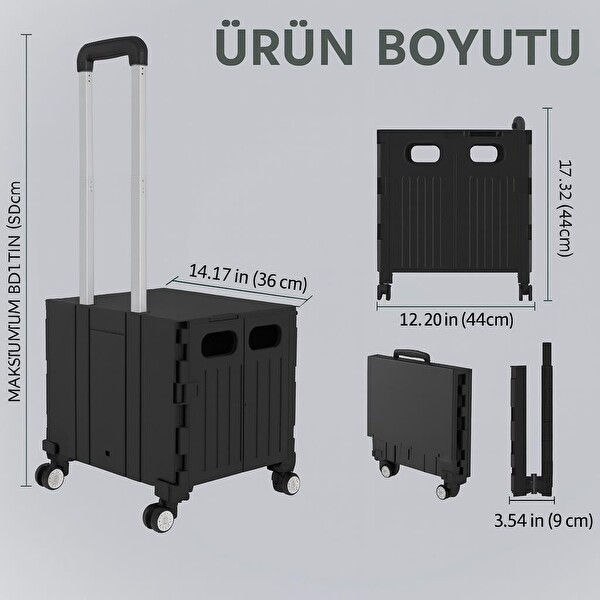 Valkyrie Katlanabilir 4 Tekerlekli Alışveriş ve Depolama Çantası - Kapaklı Teleskopik Çekme Kolu Kamp Plaj Çok Amaçlı Siyah