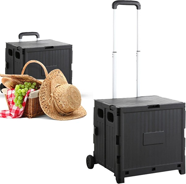 Valkyrie Katlanabilir 4 Tekerlekli Alışveriş ve Depolama Çantası - Kapaklı Teleskopik Çekme Kolu Kamp Plaj Çok Amaçlı Siyah