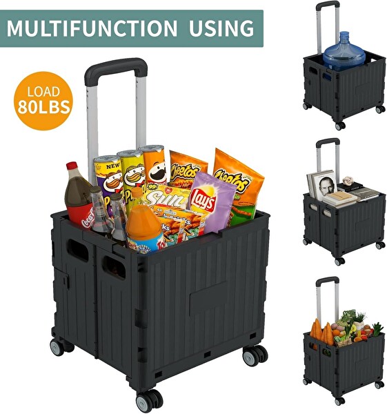 Valkyrie Katlanabilir 4 Tekerlekli Alışveriş ve Depolama Çantası - Kapaklı Teleskopik Çekme Kolu Kamp Plaj Çok Amaçlı Siyah