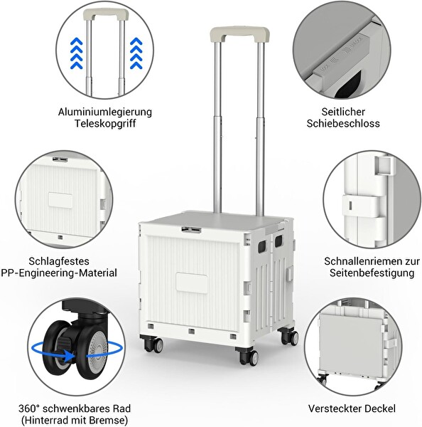Valkyrie Katlanabilir 4 Tekerlekli Kapaklı Teleskopik Çekme Kolu Depolama Çantası Beyaz