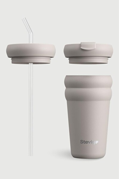 Stevig ST-244 3 Bubble Two-Cap Straw Tumbler 600 ML Crushed Rock Çelik Termos