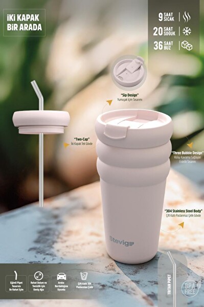 Stevig ST-244 3 Bubble Two-Cap Straw Tumbler 600 ML Crushed Rock Çelik Termos