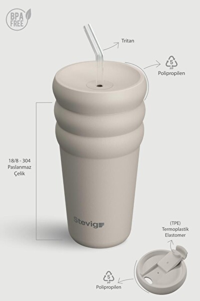 Stevig ST-244 3 Bubble Two-Cap Straw Tumbler 600 ML Crushed Rock Çelik Termos