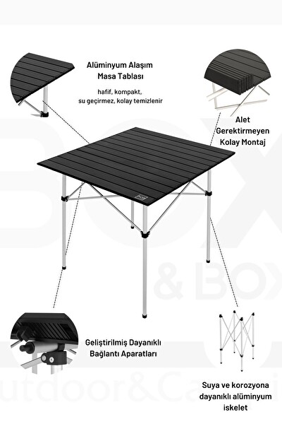 Box&Box Alüminyum Katlanabilir Kamp ve Piknik Masası Omuz Askılı Taşıma Çantasıyla XL Siyah