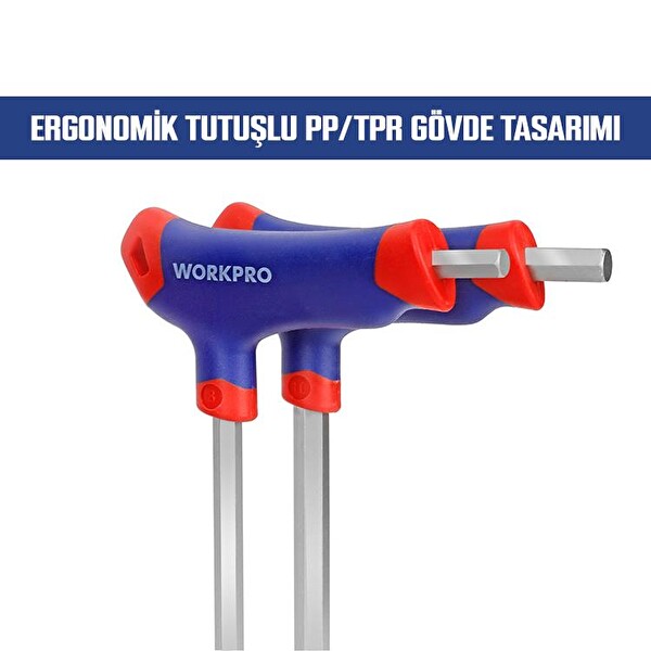 Workpro WP200542 8 Parça CR-V Top Başlı T Tipi Uzun Profesyonel Allen Anahtar Takımı