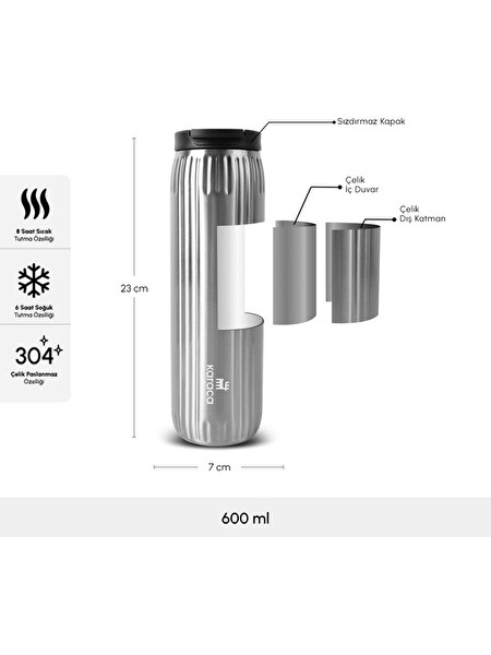 Karaca Rimo Sızdırmaz Çelik Termos 600 ML - Inox