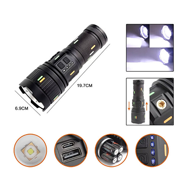 Evimdeyokyok Pro F-3001 Alüminyum TG LED Güç Göstergeli Type-C Şarjlı El Feneri 100 W