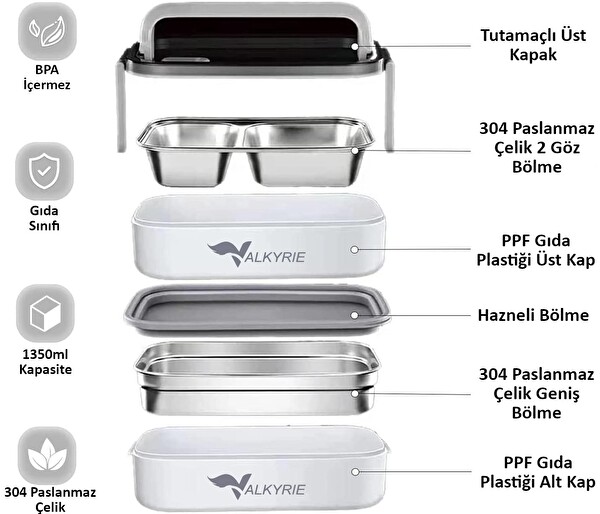 Valkyrie 1350 ML Termal Yemek Kabı Seti - Çelik Bölmeli Sızdırmaz Lunch Box + Isı Yalıtımlı Çanta