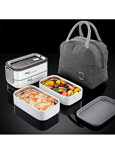 Valkyrie 1350 ML Termal Yemek Kabı Seti - Çelik Bölmeli Sızdırmaz Lunch Box + Isı Yalıtımlı Çanta