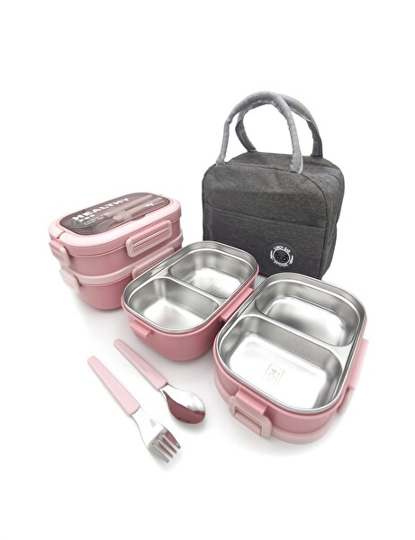 Valkyrie 304 Çelik Bölmeli Lunch Box Seti Termal Çantalı Çatal Kaşıklı Sızdırmaz Pembe