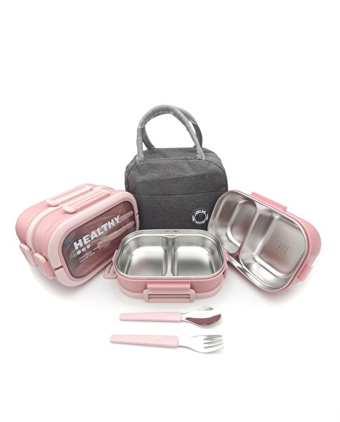 Valkyrie 304 Çelik Bölmeli Lunch Box Seti Termal Çantalı Çatal Kaşıklı Sızdırmaz Pembe