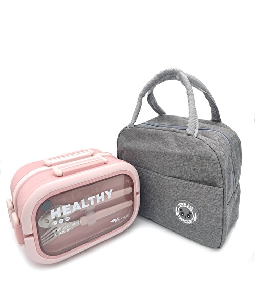 Valkyrie 304 Çelik Bölmeli Lunch Box Seti Termal Çantalı Çatal Kaşıklı Sızdırmaz Pembe