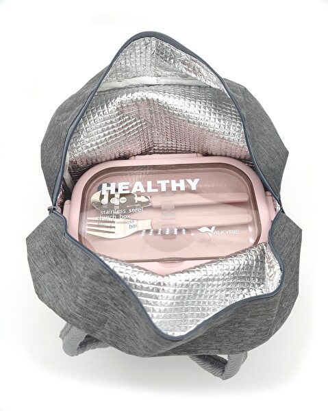 Valkyrie 304 Çelik Bölmeli Lunch Box Seti Termal Çantalı Çatal Kaşıklı Sızdırmaz Pembe