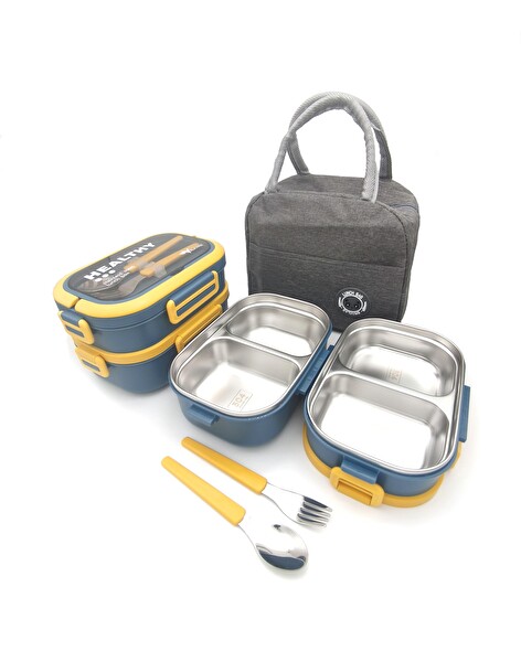 Valkyrie 304 Çelik Bölmeli Lunch Box Seti Termal Çantalı Çatal Kaşıklı Sızdırmaz Sarı Yeşil