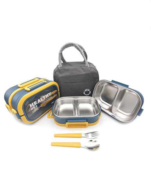 Valkyrie 304 Çelik Bölmeli Lunch Box Seti Termal Çantalı Çatal Kaşıklı Sızdırmaz Sarı Yeşil