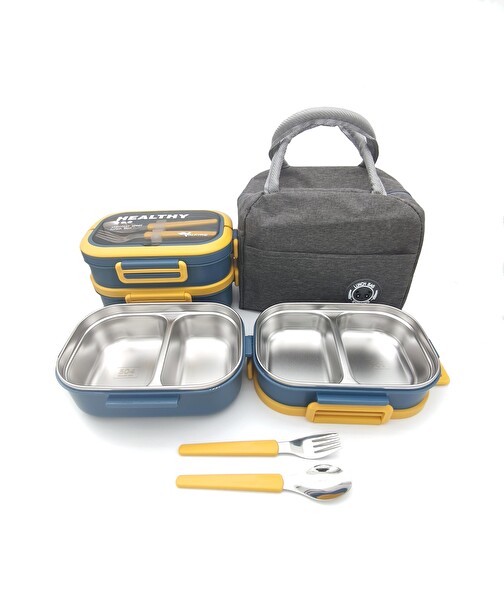 Valkyrie 304 Çelik Bölmeli Lunch Box Seti Termal Çantalı Çatal Kaşıklı Sızdırmaz Sarı Yeşil