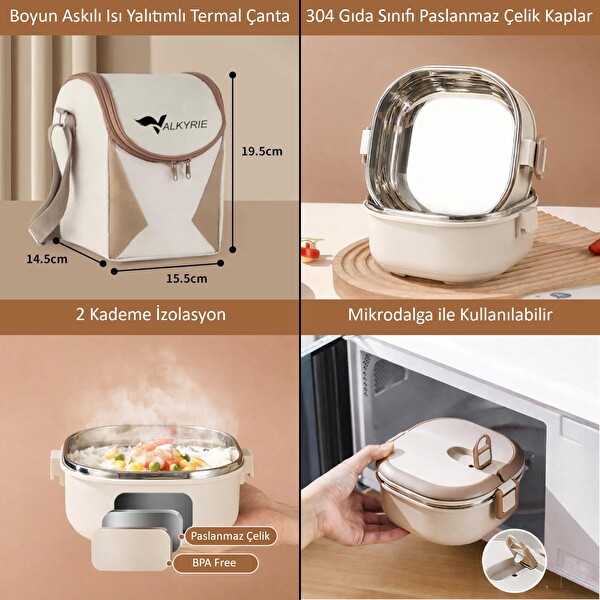 Valkyrie 2 Katlı Yemek Kabı 1400 ML - Termal Çantalı Lunch Box 304 Paslanmaz Çelik BPA İçermez