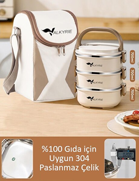 Valkyrie 3 Katlı Yemek Kabı 2100 ML - Termal Çantalı Lunch Box 304 Paslanmaz Çelik BPA İçermez