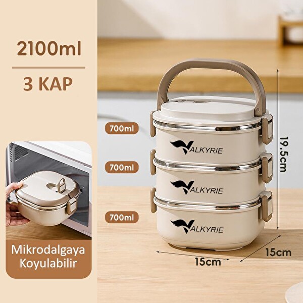 Valkyrie 3 Katlı Yemek Kabı 2100 ML - Termal Çantalı Lunch Box 304 Paslanmaz Çelik BPA İçermez