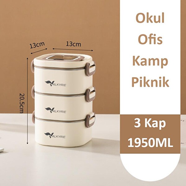 Valkyrie 1950 ML 3 Katlı Paslanmaz Çelik Yemek Kabı - Termal Çantalı Akıtmaz BPA’sız