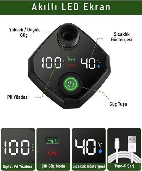 Valkyrie Akıllı LED Ekranlı Taşınabilir Duş - Su Pompası - Kamp Bahçe ve Seyahat için Şarjlı Kolay Kurulum