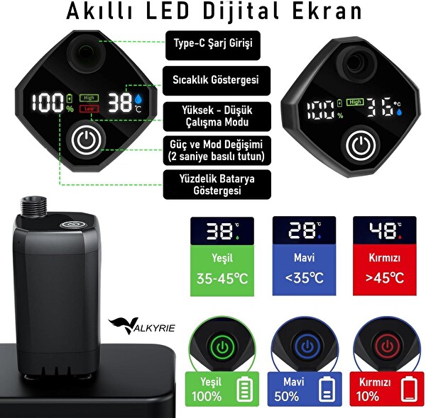 Valkyrie Akıllı LED Ekranlı Taşınabilir Duş - Su Pompası - Kamp Bahçe ve Seyahat için Şarjlı Kolay Kurulum